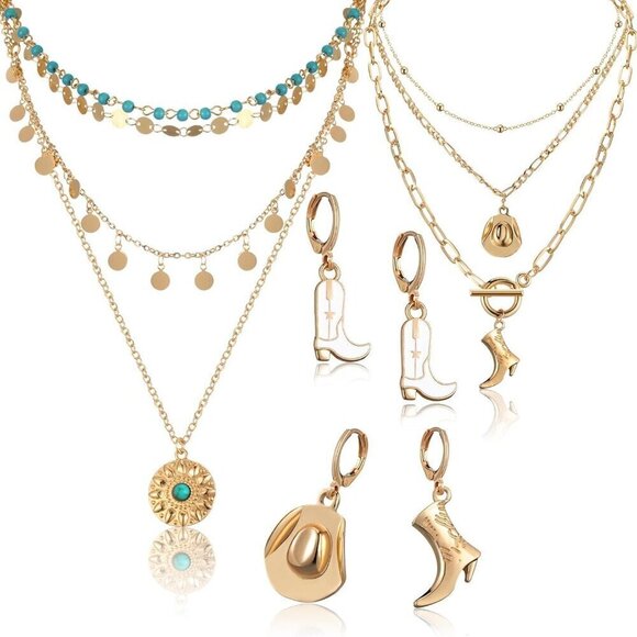 Jewelry - Cowgirl Jewelry Set 6Pcs Turquoise Chains Earrings Western Outfit Accessory